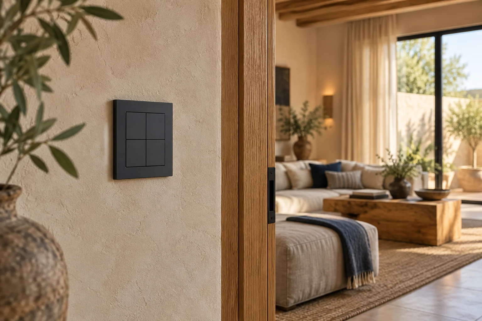 Control de pared integrado junto a un acceso de madera