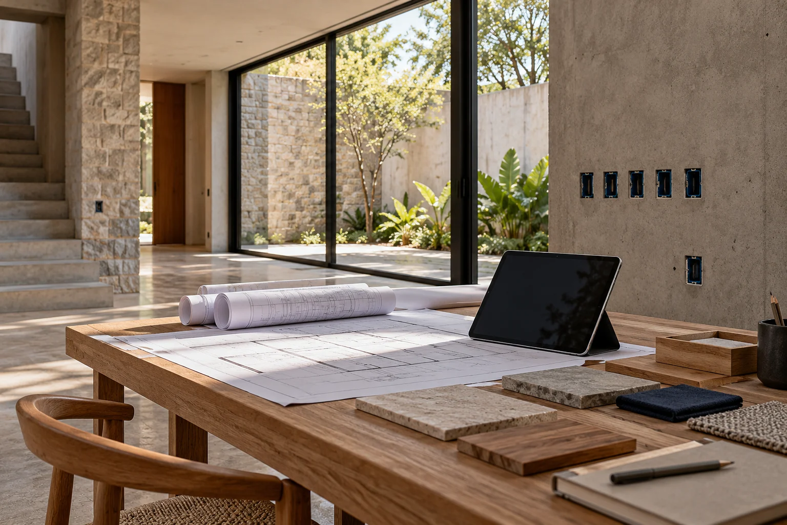Planos y muestras sobre una mesa en un interior en construcción