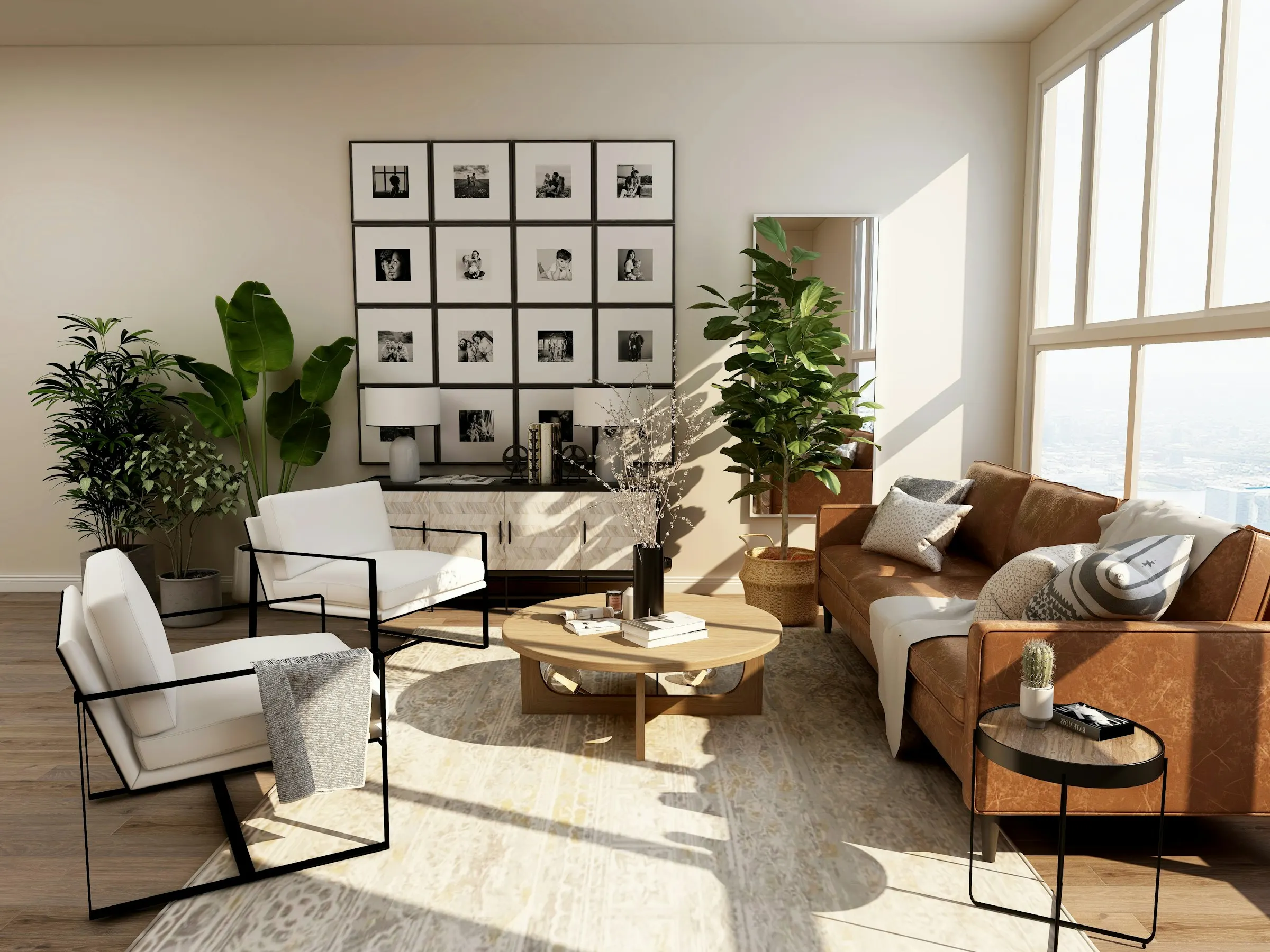 Sala contemporánea con luz natural, materiales cálidos y vista al jardín